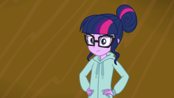 Size: 1280x720 | Tagged: safe, screencap, character:twilight sparkle, character:twilight sparkle (scitwi), species:eqg human, episode:the finals countdown, g4, my little pony:equestria girls, clothing, disappointed, female, glasses, hand on waist, hands on waist, hoodie, solo