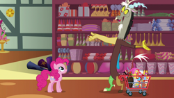 Size: 1280x720 | Tagged: safe, screencap, character:discord, character:pinkie pie, species:draconequus, species:earth pony, species:pony, episode:discordant harmony, g4, my little pony: friendship is magic, duo, female, male, mare, piñata, rubber chicken, shopping cart, store, volcano