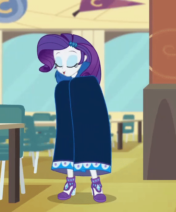 Size: 570x688 | Tagged: safe, screencap, character:rarity, episode:best trends forever, g4, my little pony:equestria girls, animated, best trends forever: twilight sparkle, canterlot high, cape, clothing, cropped, dramatic cape