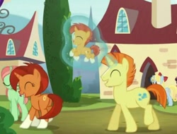 Size: 673x511 | Tagged: safe, screencap, character:stellar flare, character:sunburst, character:sunspot, species:pony, episode:the cutie re-mark, colt, colt sunburst, father and son, female, husband and wife, levitation, magic, male, mother and son, parent, sailor jupiter, sailor venus, telekinesis, younger