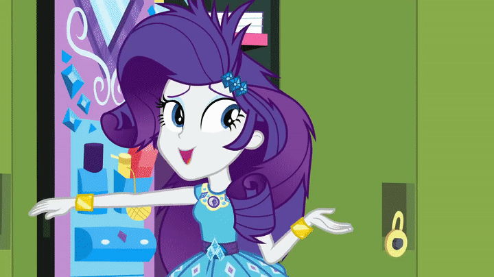 Size: 720x404 | Tagged: safe, screencap, character:applejack, character:drama letter, character:rarity, character:twilight sparkle, character:twilight sparkle (scitwi), character:watermelody, species:eqg human, episode:best trends forever, g4, my little pony:equestria girls, animated, background human, best trends forever: pinkie pie, canterlot high, confetti, gif, hallway, lockers, teddy t. touchdown