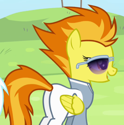 Size: 534x537 | Tagged: safe, screencap, character:spitfire, species:pegasus, species:pony, episode:rainbow falls, g4, my little pony: friendship is magic, cropped, female, mare, plot, solo, sunglasses, warmup suit
