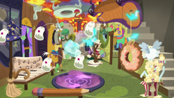 Size: 1280x720 | Tagged: safe, screencap, character:discord, species:draconequus, episode:discordant harmony, g4, my little pony: friendship is magic, broom, cloud, discord's house, flying napkin, ginseng teabags, male, napkin, pencil, piñata, solo, teabag, teapot, tentacle plant, vortex, winged teapot