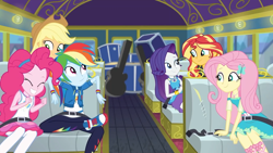 Size: 1920x1080 | Tagged: safe, screencap, character:applejack, character:fluttershy, character:pinkie pie, character:rainbow dash, character:rarity, character:sunset shimmer, episode:road trippin', g4, my little pony:equestria girls, bus, converse, seatbelt, shoes, tour bus