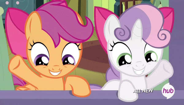 Size: 600x343 | Tagged: safe, screencap, character:scootaloo, character:sweetie belle, species:pegasus, species:pony, species:unicorn, episode:somepony to watch over me, g4, my little pony: friendship is magic, animated, bow, cute, cutealoo, diasweetes, female, filly, hub logo, smiling, waving