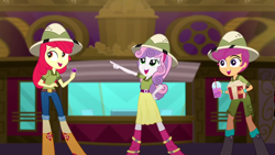 Size: 1280x720 | Tagged: safe, screencap, character:apple bloom, character:scootaloo, character:sweetie belle, species:pegasus, species:pony, episode:the canterlot movie club, eqg summertime shorts, g4, my little pony:equestria girls, belt, boots, cinema, clothing, cutie mark crusaders, food, open mouth, popcorn, shoes, short pants, skirt, slushie, straw, theater, ticket