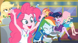 Size: 1280x719 | Tagged: safe, screencap, character:applejack, character:fluttershy, character:pinkie pie, character:rainbow dash, character:rarity, character:sunset shimmer, character:twilight sparkle, character:twilight sparkle (scitwi), species:eqg human, episode:road trippin', g4, my little pony:equestria girls, sandals