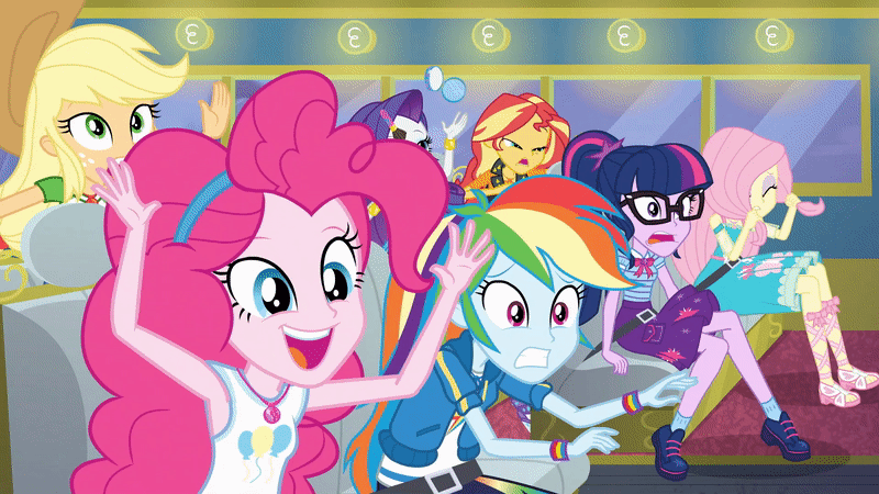 Size: 800x450 | Tagged: safe, screencap, character:applejack, character:fluttershy, character:pinkie pie, character:rainbow dash, character:rarity, character:sunset shimmer, character:twilight sparkle, character:twilight sparkle (scitwi), species:eqg human, episode:road trippin', g4, my little pony:equestria girls, animated, bus, slow motion