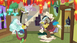 Size: 1280x720 | Tagged: safe, screencap, character:discord, species:draconequus, episode:discordant harmony, g4, my little pony: friendship is magic, book, cloud, discord's house, duo, fetal position, flying napkin, lava, male, napkin, newspaper, self paradox, tentacle plant, tree