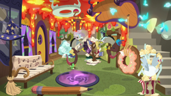 Size: 1280x720 | Tagged: safe, screencap, character:discord, species:draconequus, episode:discordant harmony, g4, my little pony: friendship is magic, book, clothing, cloud, couch, discord crew, discord's house, donut, flying napkin, food, glasses, hat, hyperventilating, lava, male, napkin, pencil, self paradox, teapot, tentacle plant, tree, vortex, winged teapot, wizard hat
