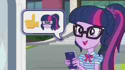 Size: 1920x1080 | Tagged: safe, screencap, character:twilight sparkle, character:twilight sparkle (scitwi), species:eqg human, episode:text support, g4, my little pony:equestria girls, cellphone, emoji, geode of telekinesis, magical geodes, phone, smiley face, text support: rarity, thumbs up, 👍