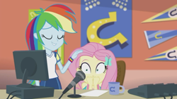 Size: 1920x1080 | Tagged: safe, screencap, character:fluttershy, character:rainbow dash, episode:fluttershy's butterflies, g4, my little pony:equestria girls, coffee mug, computer, computer screen, fluttershy's butterflies: rainbow dash, microphone, mug, shipping fuel