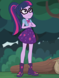 Size: 1536x2048 | Tagged: safe, screencap, character:twilight sparkle, character:twilight sparkle (scitwi), species:eqg human, episode:stressed in show, g4, my little pony:equestria girls, boots, bow tie, cute, glasses, log, mud, muddy, shoes, solo, stressed in show: fluttershy