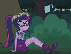 Size: 2048x1536 | Tagged: safe, screencap, character:harry, character:twilight sparkle, character:twilight sparkle (scitwi), species:eqg human, episode:stressed in show, g4, my little pony:equestria girls, boots, eyes closed, floral head wreath, flower, glasses, mud, muddy, shoes, sleeping, stressed in show: fluttershy