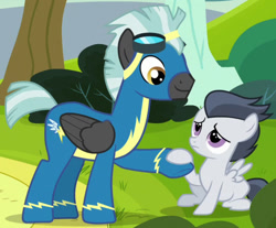 Size: 1153x953 | Tagged: safe, screencap, character:rumble, character:thunderlane, species:pegasus, species:pony, episode:marks and recreation, g4, my little pony: friendship is magic, brotherhood, brothers, colt, cropped, family, happy, holding hooves, male, sad