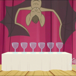 Size: 256x256 | Tagged: safe, screencap, species:bat, episode:may the best pet win, g4, my little pony: friendship is magic, animated, eyes closed, glass, glass harp, smiling, solo, spread wings, stage, upside down, wine glass, wing hands, wings