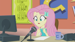 Size: 1920x1080 | Tagged: safe, screencap, character:fluttershy, episode:fluttershy's butterflies, g4, my little pony:equestria girls, coffee mug, computer, female, fluttershy's butterflies: rainbow dash, geode of fauna, magical geodes, microphone, microphone stand, mug, solo