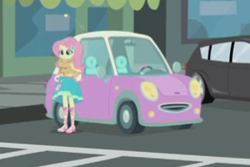 Size: 300x200 | Tagged: safe, screencap, character:fluttershy, episode:driving miss shimmer, g4, my little pony:equestria girls, car, cat, cropped, driving miss shimmer: fluttershy, fluttershy's car