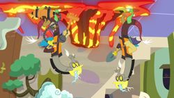 Size: 1280x720 | Tagged: safe, screencap, character:discord, species:draconequus, episode:discordant harmony, g4, my little pony: friendship is magic, cloud, discord crew, discord's house, duo, hard hat, hat, lava, male, self paradox, shovel, tree, upside down, vacuum cleaner, volcano