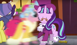 Size: 1105x647 | Tagged: safe, screencap, character:comet tail, character:pinkie pie, character:snowfall frost, character:starlight glimmer, episode:a hearth's warming tail, g4, my little pony: friendship is magic, *teleports behind you*, bonnie rose, evening stroll, motion blur, paraviolet, pinkie's present, spirit of hearth's warming presents