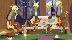 Size: 1280x720 | Tagged: safe, screencap, character:discord, species:draconequus, episode:discordant harmony, g4, my little pony: friendship is magic, clothing, discord crew, donut, food, hard hat, hat, lunchbox, male, multeity, sandwich, self paradox, wizard hat