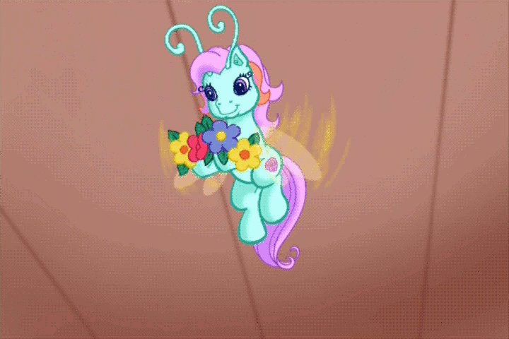 Size: 720x480 | Tagged: safe, screencap, character:gem blossom, species:breezies, episode:the princess promenade, g3, animated, animation error, background pony, floating, floral head wreath, flower, flower hat, flower in hair, flying, g3betes, gif, happy, wreath