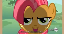 Size: 639x348 | Tagged: safe, screencap, character:babs seed, episode:one bad apple, g4, my little pony: friendship is magic, hub logo, youtube caption