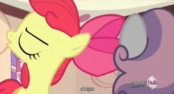 Size: 638x345 | Tagged: safe, edit, edited screencap, screencap, character:apple bloom, character:sweetie belle, episode:one bad apple, g4, my little pony: friendship is magic, caption, youtube caption