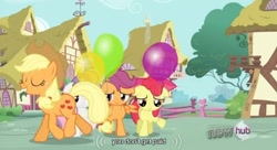 Size: 638x347 | Tagged: safe, edit, edited screencap, screencap, character:apple bloom, character:applejack, character:scootaloo, character:sweetie belle, species:pegasus, species:pony, episode:one bad apple, g4, my little pony: friendship is magic, caption, youtube caption