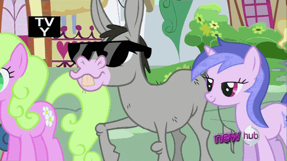 Size: 576x324 | Tagged: safe, screencap, character:apple bloom, character:bon bon, character:daisy, character:scootaloo, character:sea swirl, character:sweetie belle, character:sweetie drops, species:mule, species:pegasus, species:pony, episode:one bad apple, g4, my little pony: friendship is magic, animated, bucktooth, cletus, female, filly, hybrid, male, mare, sunglasses