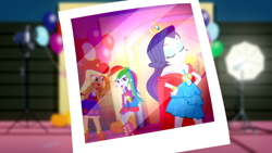 Size: 1366x768 | Tagged: safe, screencap, character:applejack, character:rainbow dash, character:rarity, episode:a photo booth story, eqg summertime shorts, g4, my little pony:equestria girls, cape, cloak, clothing, fall formal, laughing, photographs, queen rarity