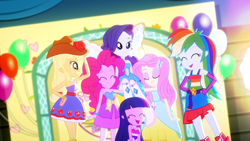 Size: 1366x768 | Tagged: safe, screencap, character:applejack, character:fluttershy, character:pinkie pie, character:rainbow dash, character:rarity, character:twilight sparkle, episode:a photo booth story, eqg summertime shorts, g4, my little pony:equestria girls, bare shoulders, beautiful, fall formal outfits, glow, group photo, happy, humane five, humane six, laughing, sleeveless, smiling, strapless