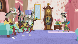 Size: 1280x720 | Tagged: safe, screencap, character:discord, episode:discordant harmony, g4, my little pony: friendship is magic, cane, cellphone, clock, clothing, discord crew, discord's house, glasses, multeity, phone, self paradox, sideburns