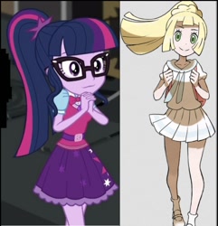 Size: 1040x1080 | Tagged: safe, screencap, character:twilight sparkle, character:twilight sparkle (scitwi), species:eqg human, equestria girls:movie magic, g4, my little pony:equestria girls, clothing, comparison, crossover, cute, dress, female, lillie, nerds, pokémon, pokémon sun and moon, ponytail