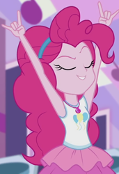 Size: 876x1280 | Tagged: safe, screencap, character:pinkie pie, episode:constructive criticism, g4, my little pony:equestria girls, armpits, choose your own ending (season 1), clothing, constructive criticism: pinkie pie, cropped, devil horn (gesture), eyes closed, geode of sugar bombs, skirt, solo