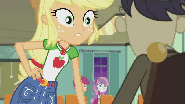 Size: 640x360 | Tagged: safe, screencap, character:applejack, character:cranky doodle donkey, character:scootaloo, character:sweetie belle, species:pegasus, species:pony, episode:happily ever after party, g4, my little pony:equestria girls, animated, happily ever after party: applejack, seductive, seductive pose, sexy