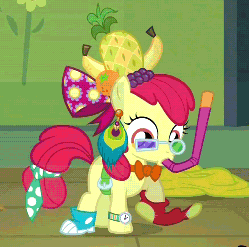 Size: 500x497 | Tagged: safe, screencap, character:apple bloom, episode:one bad apple, g4, my little pony: friendship is magic, animated, banana, clothing, costume, fruit, pineapple, silly costume, snorkel
