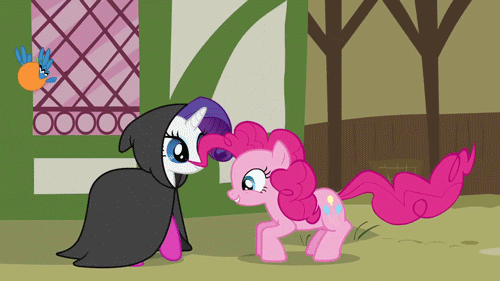 Size: 500x281 | Tagged: safe, screencap, character:pinkie pie, character:rarity, species:bird, species:earth pony, species:pony, species:unicorn, episode:too many pinkie pies, g4, my little pony: friendship is magic, animated, cloak, clothing, crash, dizzy, duo, female, food, inanimate tf, mare, orange, orangified, spinning eyes, transformation, wavy mouth