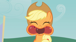 Size: 1280x720 | Tagged: safe, screencap, character:applejack, species:earth pony, species:pony, episode:apple family reunion, g4, my little pony: friendship is magic, apple, eyes closed, faec, female, food, gentlemen, mare, solo