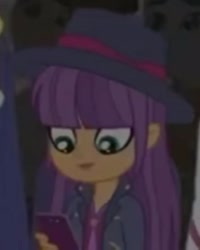 Size: 522x651 | Tagged: safe, screencap, character:ginger owlseye, my little pony:equestria girls, cellphone, clothing, cropped, female, hat, phone, smartphone, solo