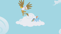 Size: 1366x768 | Tagged: safe, screencap, character:gilda, character:rainbow dash, species:griffon, species:pegasus, species:pony, episode:griffon the brush-off, cloud, cutie mark, duo, eyes closed, female, flying, hooves, mare, on a cloud, spread wings, standing on a cloud, wings