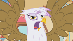 Size: 1366x768 | Tagged: safe, screencap, character:gilda, species:griffon, episode:griffon the brush-off, angry, faec, frown, glare, looking at you, open mouth, solo, spread wings, tongue out, upset, wings