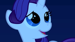 Size: 500x281 | Tagged: safe, screencap, character:rarity, species:pony, species:unicorn, episode:the cutie mark chronicles, g4, my little pony: friendship is magic, blue background, cute, filly, looking back, night, raised eyebrow, raribetes, simple background, smiling, solo, younger
