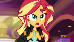 Size: 1920x1080 | Tagged: safe, screencap, character:sunset shimmer, equestria girls:mirror magic, g4, my little pony:equestria girls, cinema, clothing, discovery family logo, female, geode of empathy, jacket, leather jacket, offscreen character, open mouth, solo, talking, theater