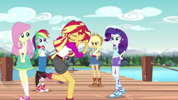 Size: 1280x720 | Tagged: safe, screencap, character:applejack, character:fluttershy, character:rainbow dash, character:rarity, character:sunset shimmer, equestria girls:legend of everfree, g4, my little pony:equestria girls, camp everfree logo, camp everfree outfits, clothing, converse, embrace the magic, eyes closed, high heels, lake, open mouth, pier, shoes, shorts, singing, skirt, tank top, twirl