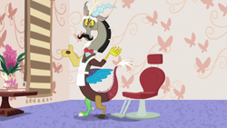 Size: 1280x720 | Tagged: safe, screencap, character:discord, episode:discordant harmony, g4, my little pony: friendship is magic, apron, clothing, facial hair, moustache, solo