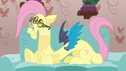 Size: 1280x720 | Tagged: safe, screencap, character:discord, episode:discordant harmony, g4, my little pony: friendship is magic, clothing, cosplay, costume, couch, fluttershy suit, glasses, solo