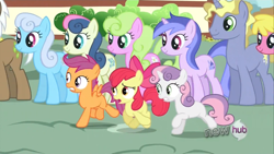 Size: 1366x768 | Tagged: safe, screencap, character:apple bloom, character:bon bon, character:cherry berry, character:daisy, character:linky, character:mochaccino, character:ponet, character:rare find, character:scootaloo, character:sea swirl, character:shoeshine, character:sweetie belle, character:sweetie drops, species:pegasus, species:pony, episode:one bad apple, g4, my little pony: friendship is magic
