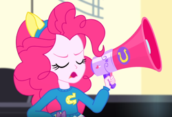 Size: 642x436 | Tagged: safe, screencap, character:pinkie pie, episode:steps of pep, eqg summertime shorts, g4, my little pony:equestria girls, eyes closed, female, megaphone, solo