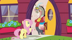 Size: 1280x720 | Tagged: safe, screencap, character:discord, character:fluttershy, episode:discordant harmony, g4, my little pony: friendship is magic, clothing, discord's house, glasses, sweater